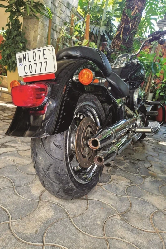 Rear view of Harley-Davidson Fat Boy 103 fitted with premium Michelin cruiser tyres fitment 1