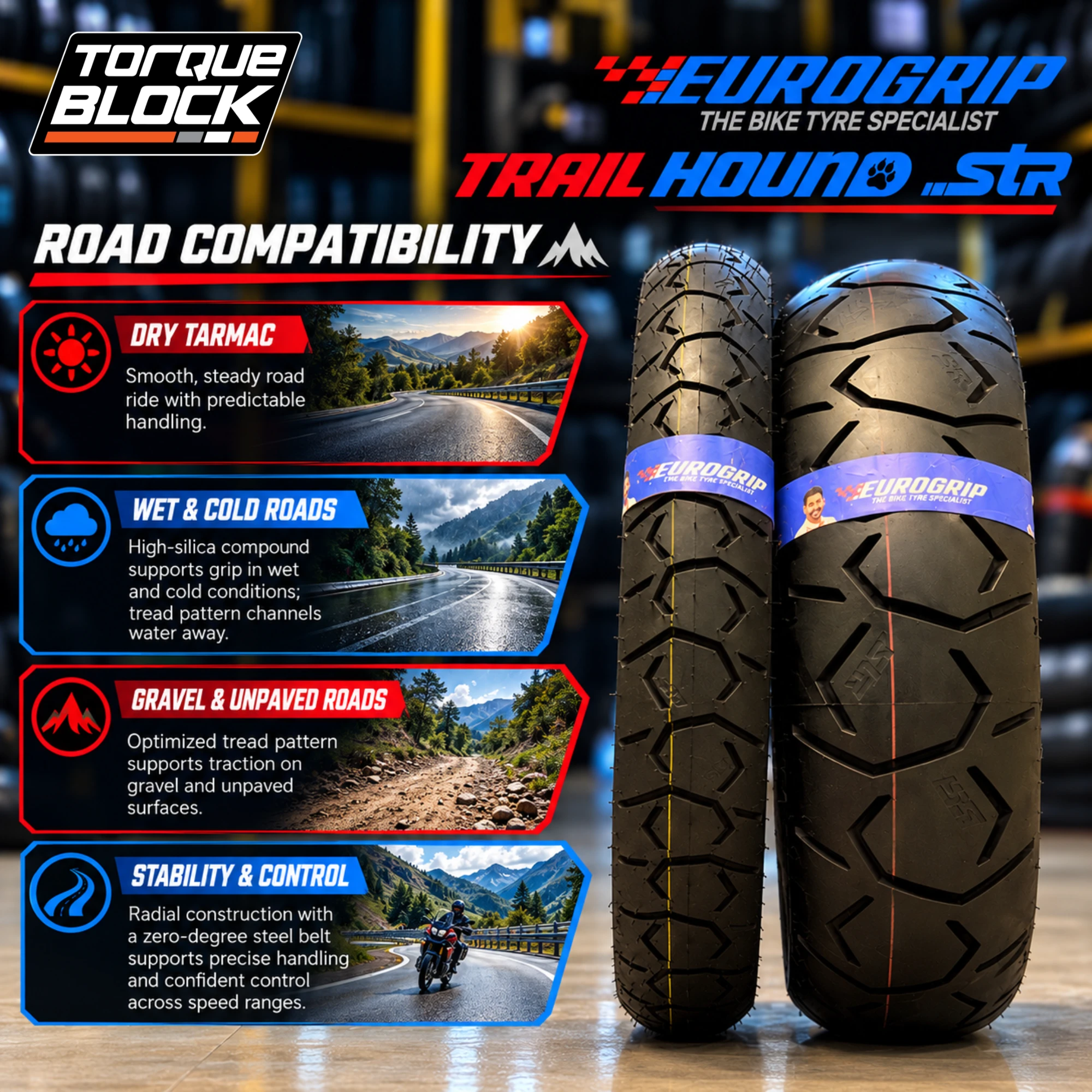 Eurogrip Trailhound STR adventure motorcycle tyre showcasing its tread design for highway, city road and light off-road compatibility