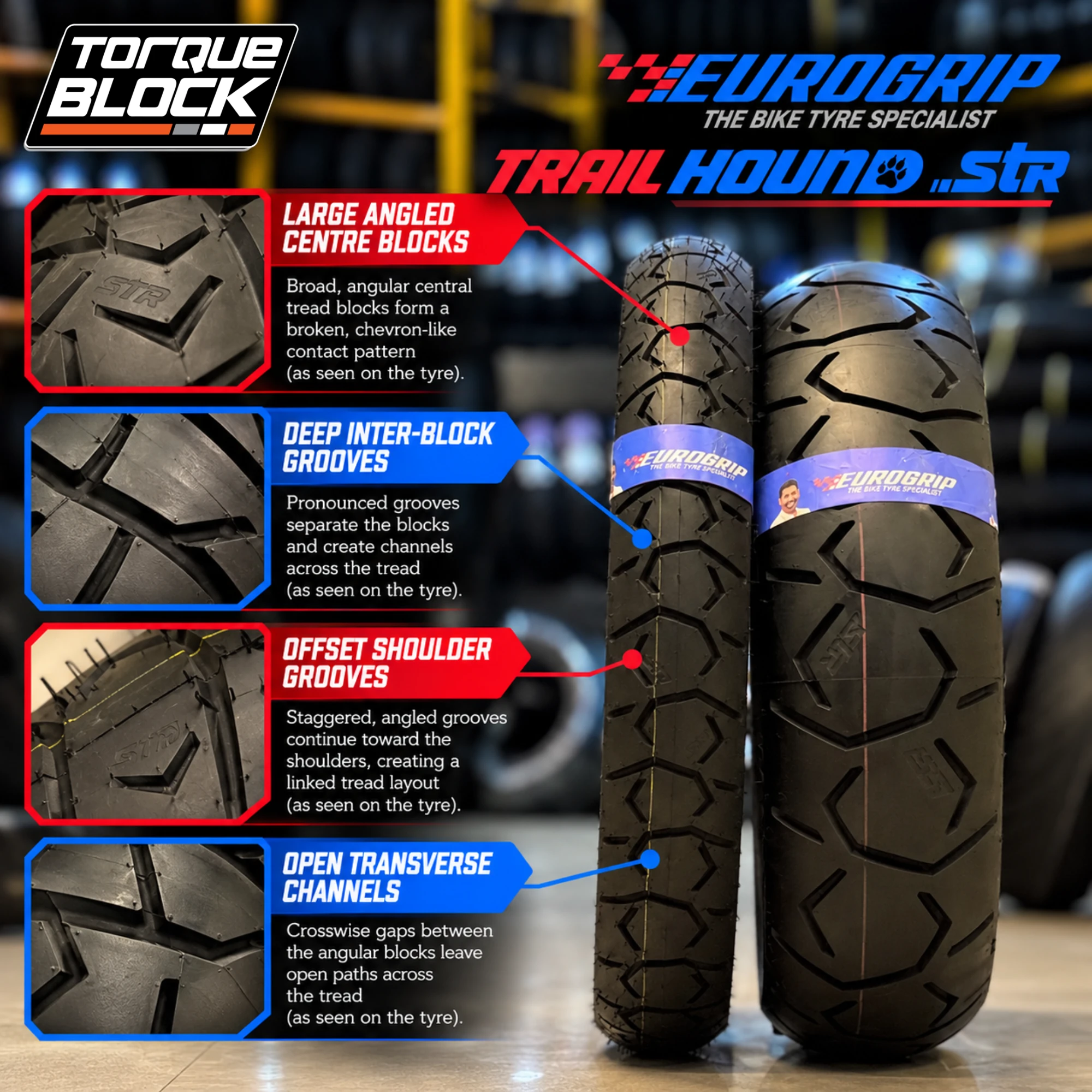 Close-up of the Eurogrip Trailhound STR motorcycle tyre tread pattern with distinctive grooves and tread blocks