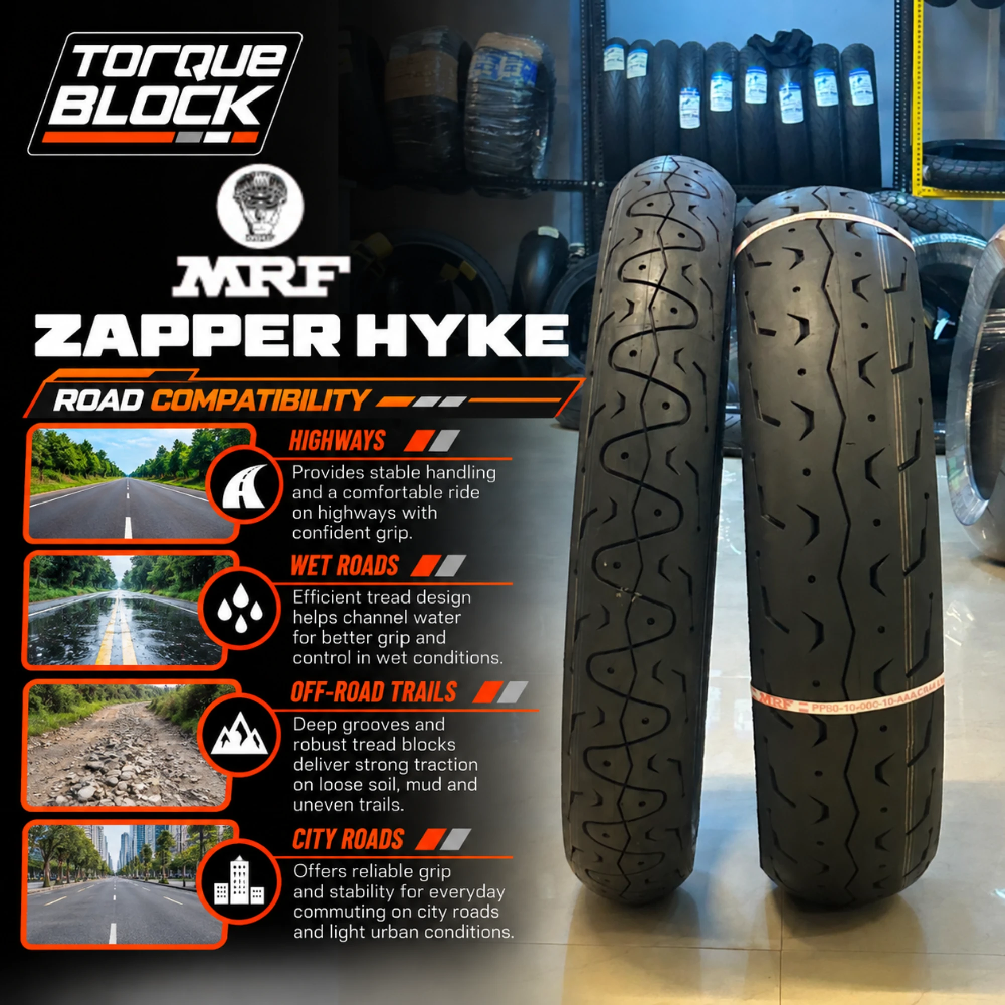 MRF Zapper Hyke motorcycle tyre highlighting its tread design for everyday paved-road riding