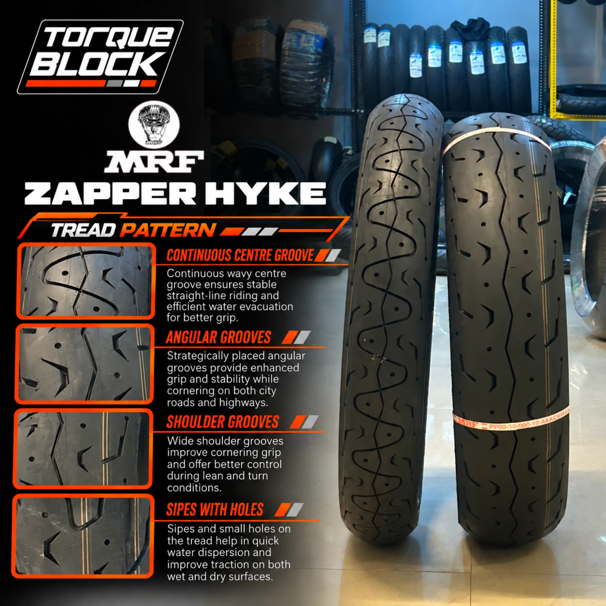 Close-up of the MRF Zapper Hyke motorcycle tyre tread pattern showing its grooves and surface design