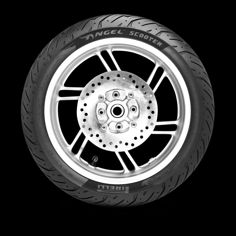Pirelli Angel Scooter tyre mounted on a scooter alloy wheel