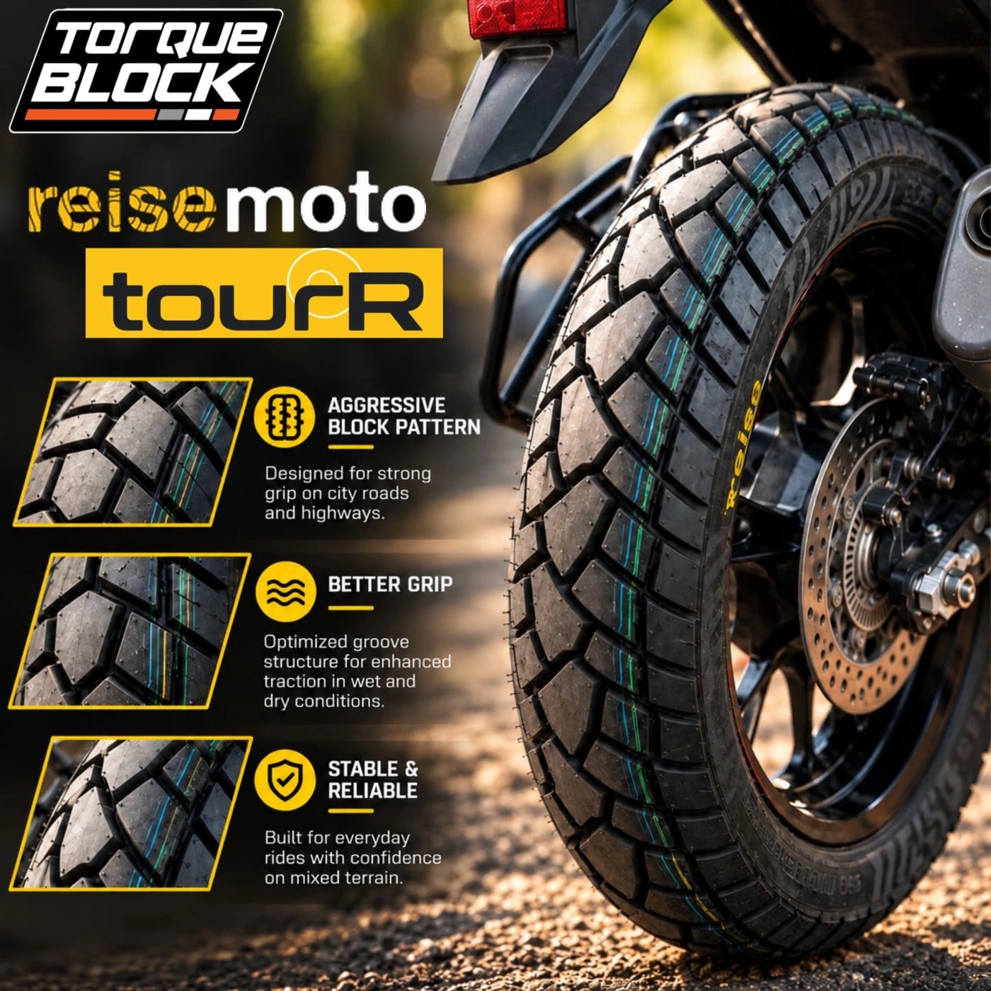 Reise TourR motorcycle tyre tread pattern designed for balanced touring performance