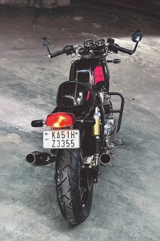 650 Twin Motorcycle with Pirelli Scorpion Trail II Tyre Rear view of a 650 twin motorcycle with Pirelli Scorpion Trail II rear tyre